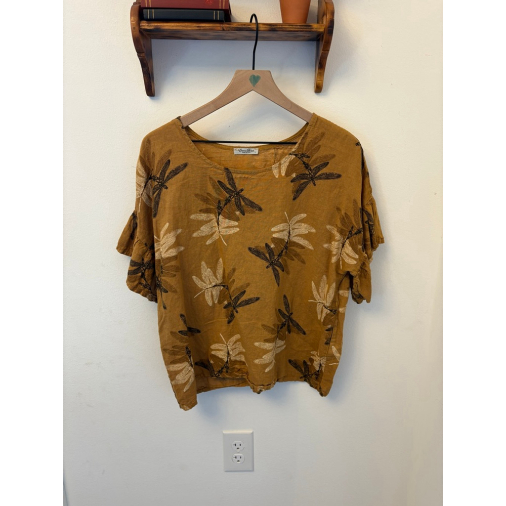 Elena Baldi 100% Linen Dragonfly Print Top Size L Ruffle Sleeve
